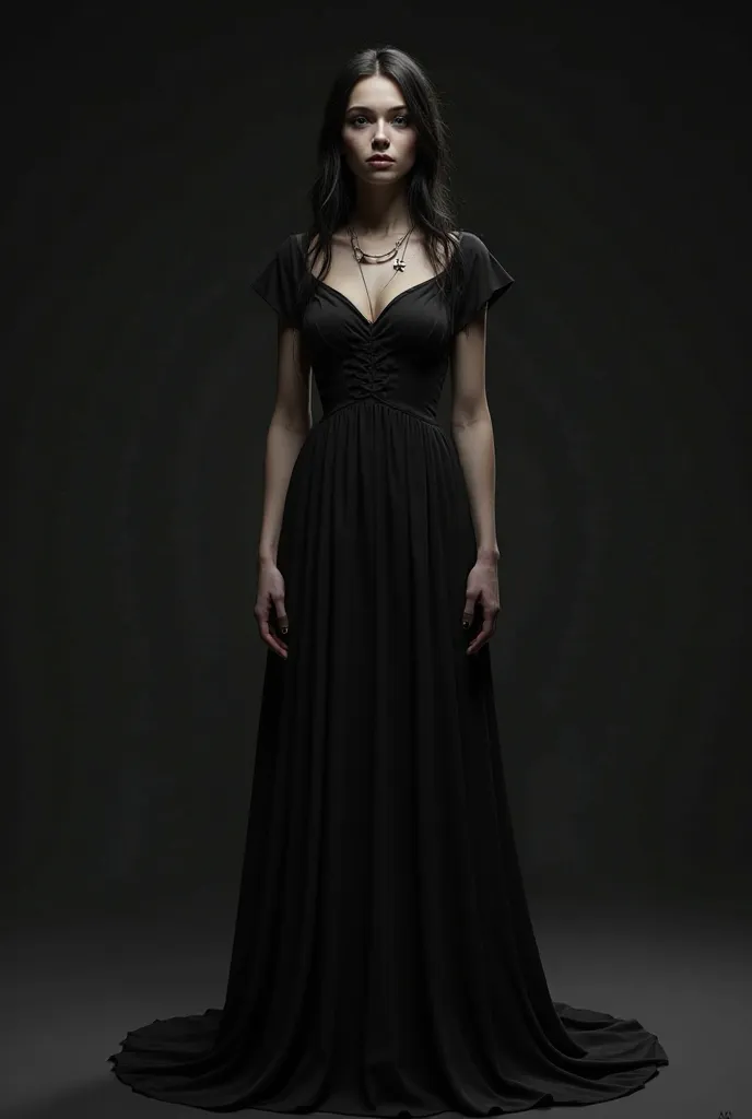 a long dress in 3D, the part of the neckline of aguayo, the part of the waist down in black,  evening dress,  Tall woman,  elegant stance ,  Serious Look T-Shirt,  porcelain skin, dark hair, high detail, dramatic lighting,  dark background, gloomy tones, G...