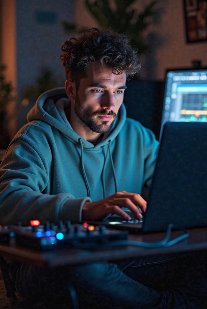 A handsome 30-year-old fair-skinned guy with curly short hair and blue eyes creates electronic music on a laptop , Atmospheric photo , guy in hoodie and jeans 