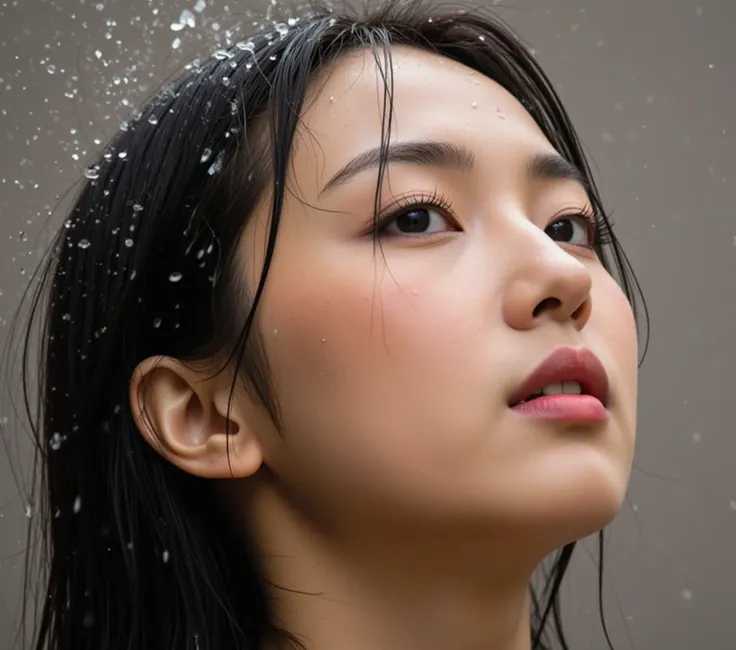 dark brown skin asian girl, strong rain, wet skin, wet hair