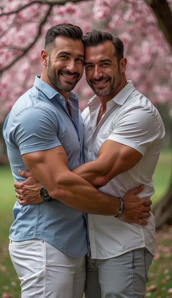    realistic photo Spectacular realistic 2 Turkish men hugging each other HDR handsome and muscular sexy,  Big Biceps , shirt de satin ,  fashion casual white pants, shirt, blue, various colors,,  perfect face , great lighting of the face   ,    tight leat...