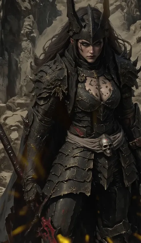 Beautiful girl,warrior, battle , Quite long hair ,few clothes,Infernal Warrior,Caravel accessories,belt made of skulls,