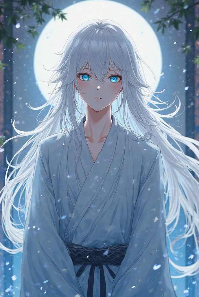 Adult boy anime character,  with white hair, long hair,  straight hair, blue eyes, beautiful, charming, design,  Japanese anime .