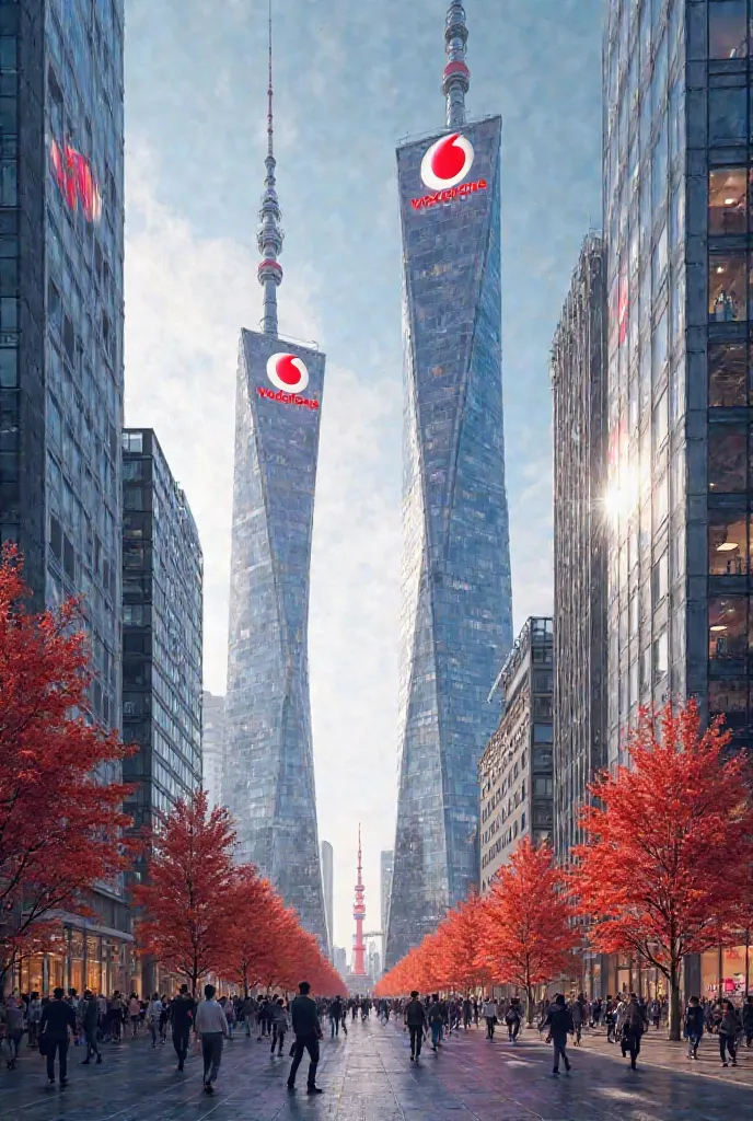 Vodafone logo on towers with offices and customers
