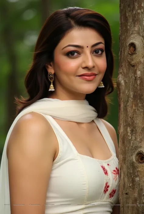 Kajal Agarwal in white Chudidar, standing beside a tree, in a forest 