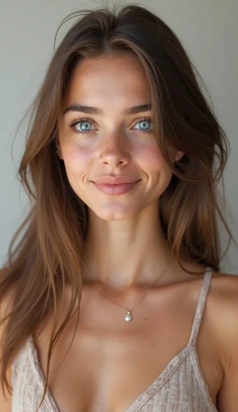 A highly realistic digital portrait of a young European woman, aged 18-25, with delicate and youthful facial features. She has long, straight chestnut brown hair and striking blue eyes. Her expression is confident yet friendly, exuding a natural charm. She...