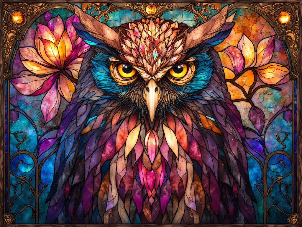 Three primary colors , movie, official art, Close up of an owl facing the front, Ruby peony flower , Baroque, Claora, high definition stained glass, Amethyst crystals, Iridescent Labradorite Crystals,  Andy Kehoe , John Blanche,  Intricate and Highly Detai...