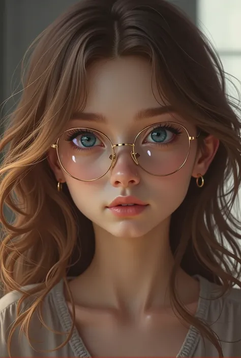 Brown haired  girl with blue eyes and clear glasses