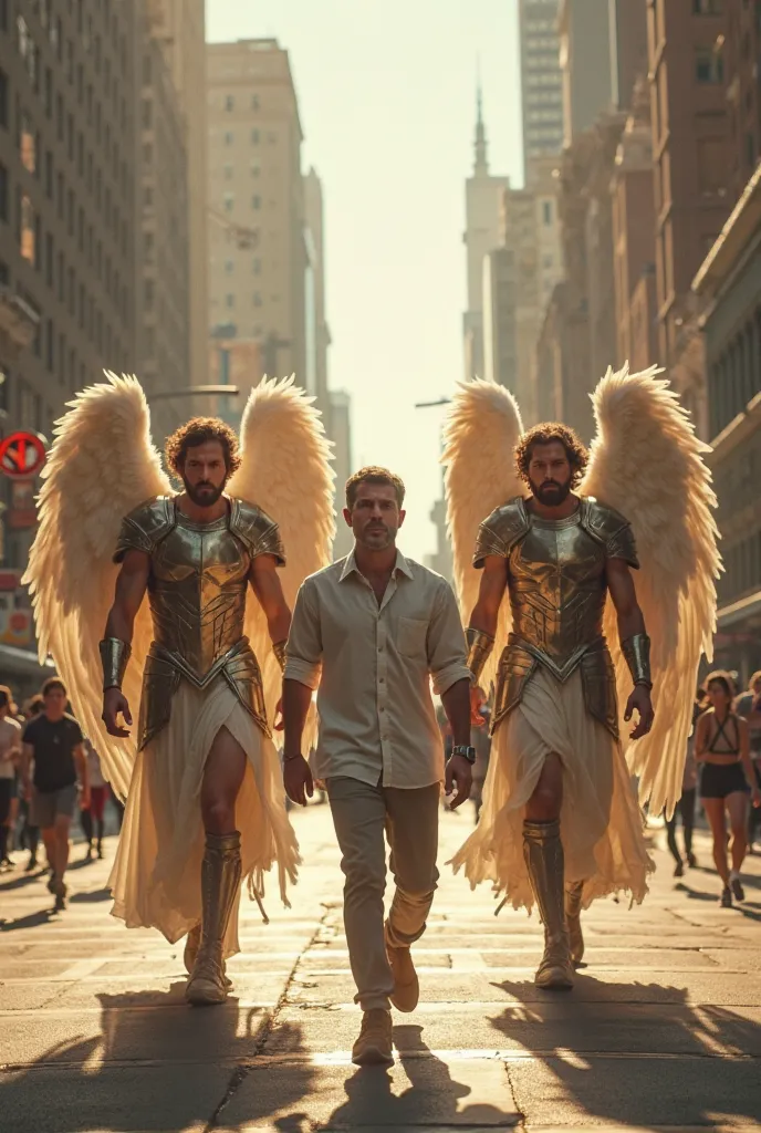 A man walked through the streets of the city and was escorted by two male warrior angels, who walked one on each side