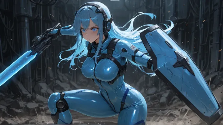 ((beautiful)), beautiful face, mech female, shiny blue hair, long hair, futuristic exoskeleton, futuristic instrumentation, (shiny blue futuristic jumpsuit), (deboss processing decoration on body), (headphones gear), glowing light blue eyes, deep shiny blu...