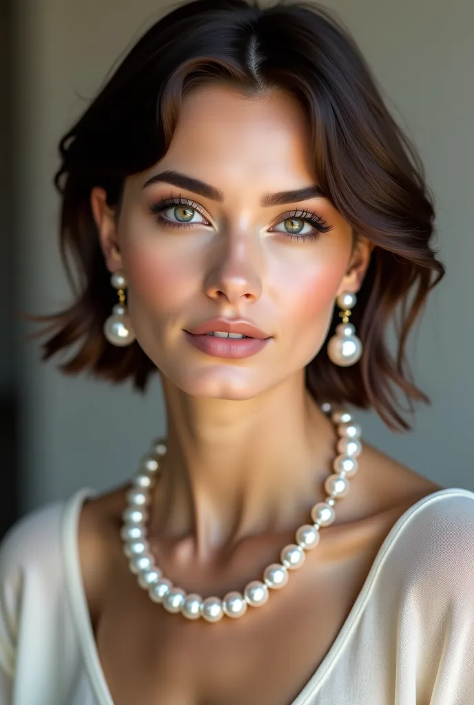 arafed woman with a necklace and earrings posing for a picture, portrait sophie mudd, photo of a beautiful woman, girl with a pearl earringl, with short hair, style of julia razumova, olivia culpo, pearl necklace, opulent pearl necklace, jaw-dropping beaut...