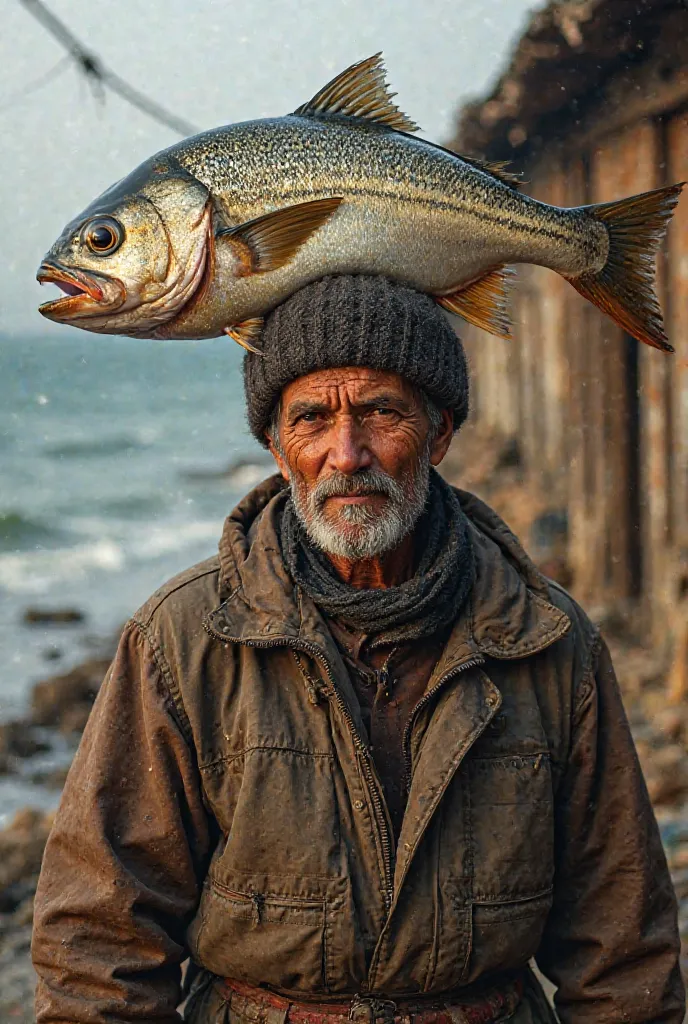 A  carrying a fish on his head