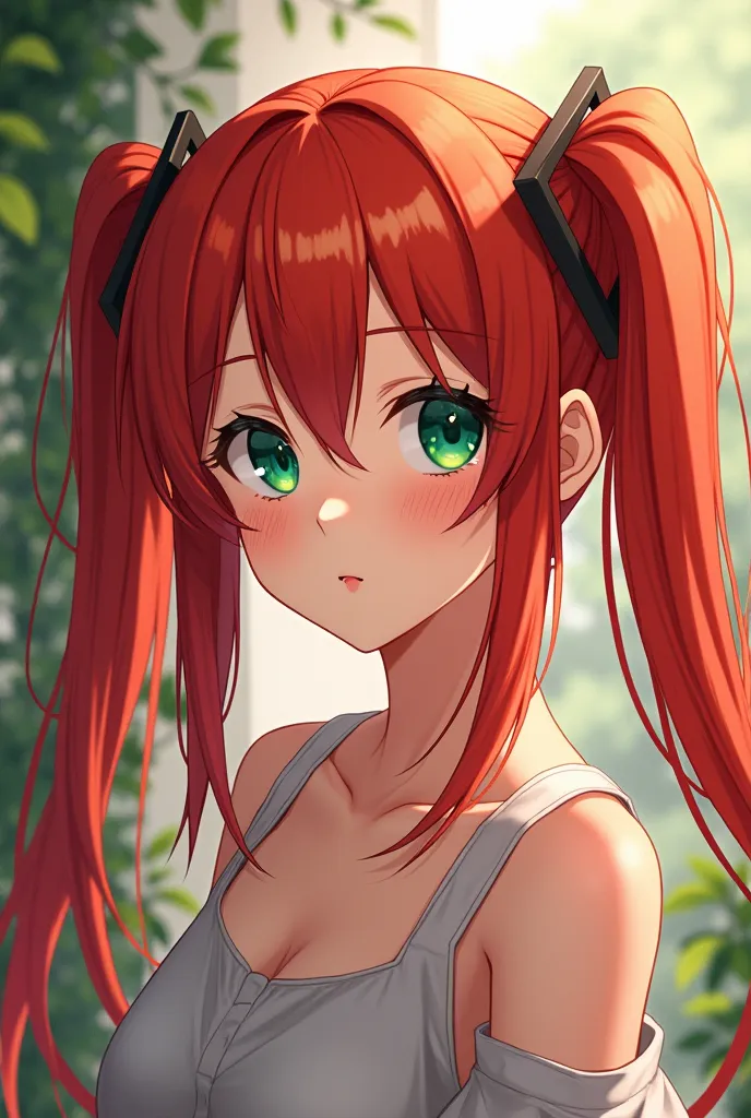 Anime style woman, red hair, green eyes,  hair with two pigtails ,  about  , yourself.