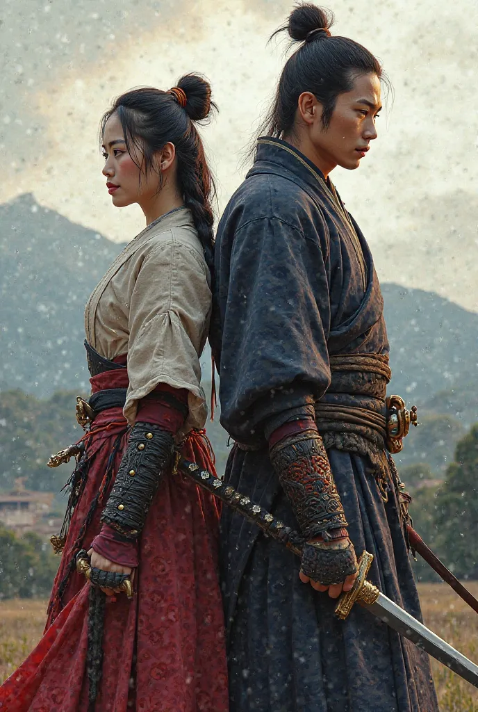 Create an image of a Korean female swordsman warrior and her samurai husband