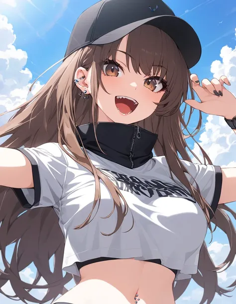  걸작,top quality,amazing quality,absurdity, BREAK
1girl,  baseball cap, black hat, blue sky, chest,  brown eyes, brown hair,  high collar ,  severed, cropped shirt,Comment , hat, large chest, long hair, watch viewers, navel, navel Piercing,  open your mouth...