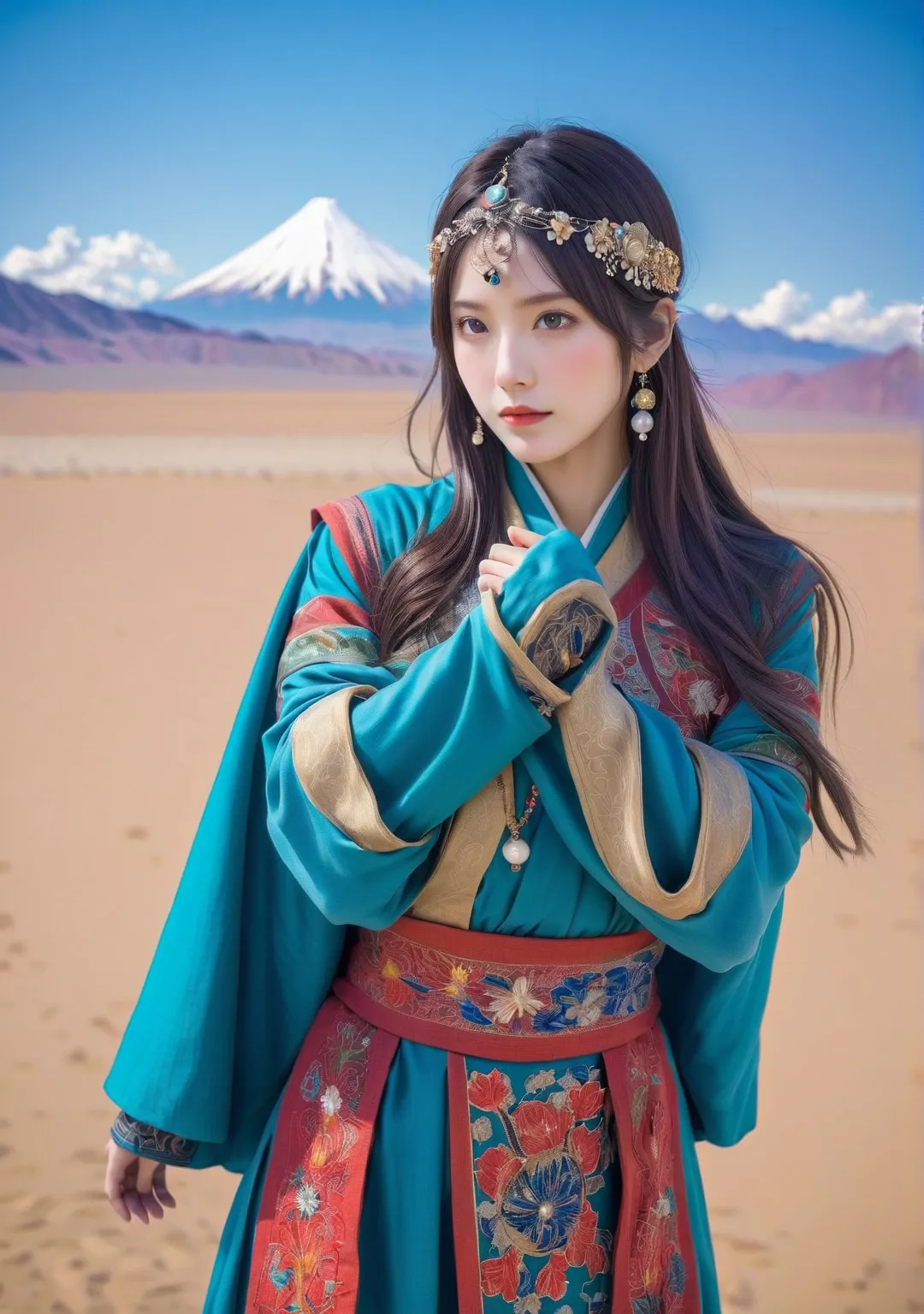 Overall body orientation: front. Female fortune teller.  charming,  beautiful、Mysterious.  she wears a blue cloak on her head and 、The face is clear 。. The background is bright and sparkling.   She wears a blue cloak on her head  .  the fortune teller is s...