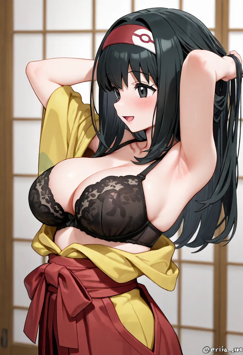 erika (pokemon), 1girl, solo, long hair, blush, smile, open mouth, large breasts, black hair, cleavage, underwear, collarbone, open clothes, japanese clothes, indoors, wide sleeves, armpits, twitter username, black eyes, from side, arms up, sash, obi, blac...