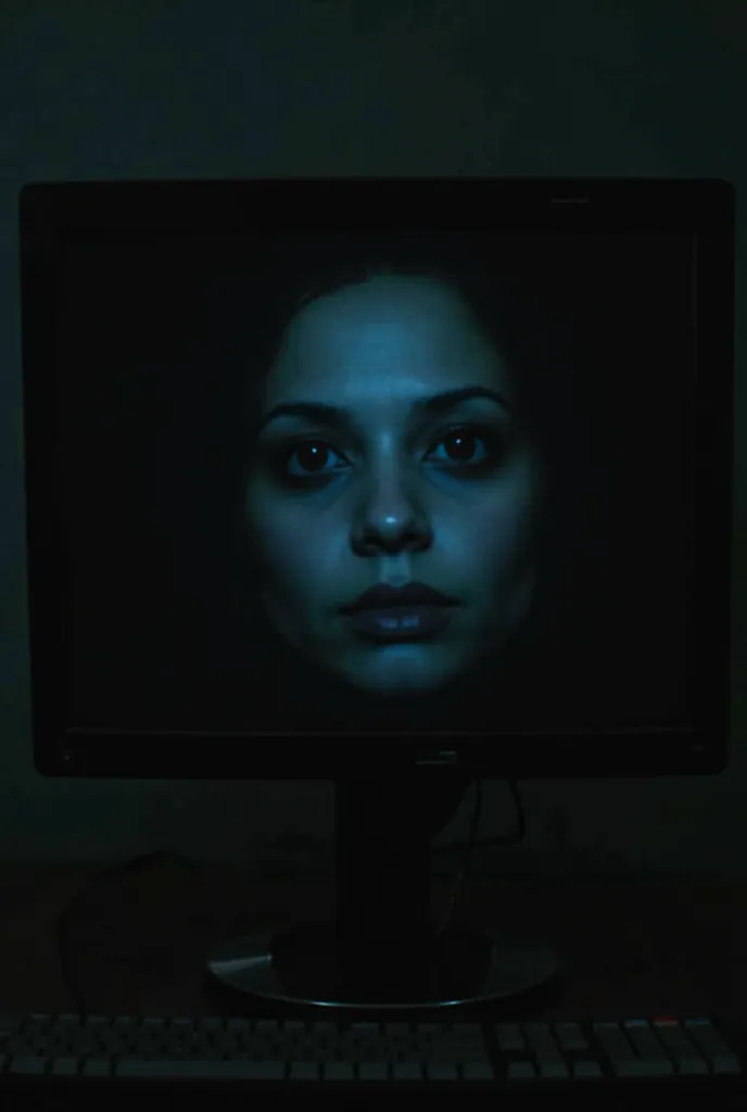 A dark computer screen reflecting a faint, eerie human face. The screen is turned off, yet the reflection remains as if the entity is still there. The face looks slightly distorted and unnatural. Cinematic horror lighting. Vertical 9:16