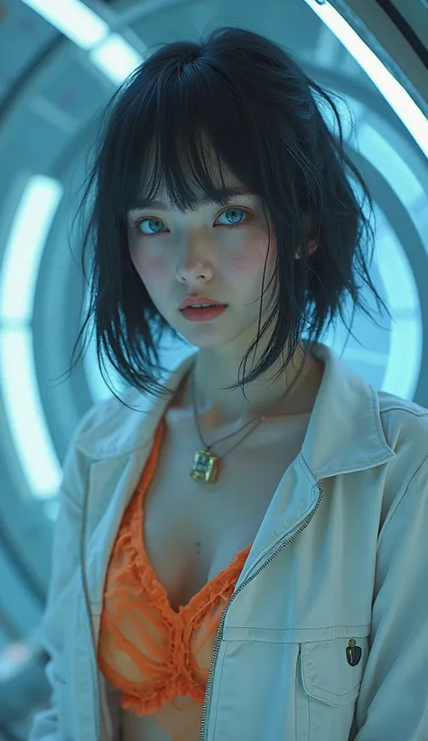   realistic  、 I'm wearing a white cyberpunk suit。 orange pajamas ,  bob ，Shortcut with full fringes   ,    inside a spaceship with blue lights   、blue eyes, Half face tattoo