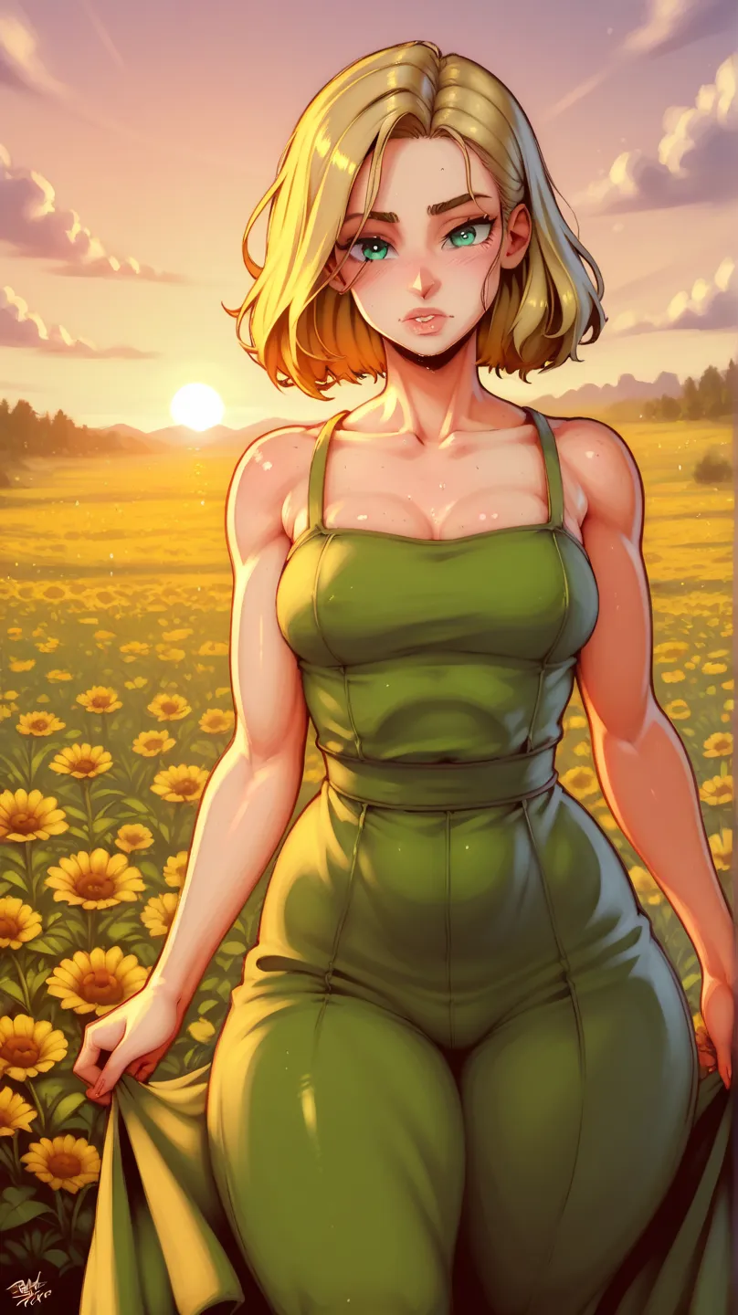 Cami White green dress with big thighs, thin face, dreamy, frightened facial expression, attractive posture, seasonal flower field, amazing sunset, warm and bright light, calm and peaceful atmosphere, natural and beautiful colors, super-detailed oil painti...