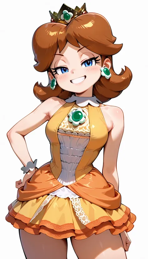 2d, 1girl, princess_daisy, daisy, blue eyes, daisies, tiara, blue eyes, brown hair, earrings, (sleeveless, bar shoulder:1.2), orange camisole, mini skirt, jewelry, thighs, 
looking at viewer, half closed eyes, happy, teeth, grin,
masterpiece,best quality,a...