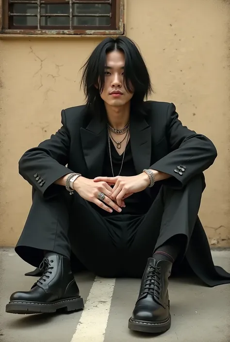 This image is a photograph of a Korean man with long hair around his ears sitting on the floor with a serious expression and a style that evokes the aesthetics of the 90s. The man has long black hair, and wears a black suit with black leather boots. It wea...