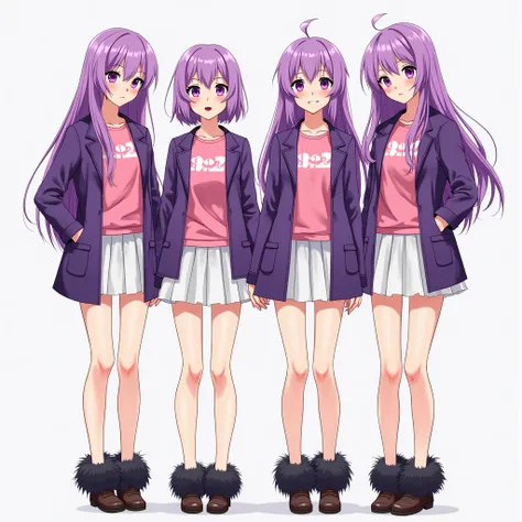 anime style, 4girls, full body front, standing, bare legs, light skin, purple long hair, purple eyes, pink shirts, purple coats, white skirts, black fur shoes