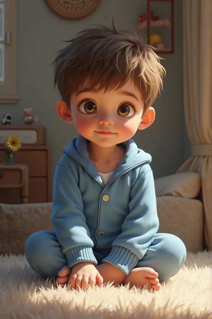 Make a picture of a little male wearing blue pajamas sitting with bare feet