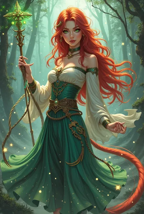 Anime style woman, red hair, green eyes, long hair with a tail about , Sorceress with a wand