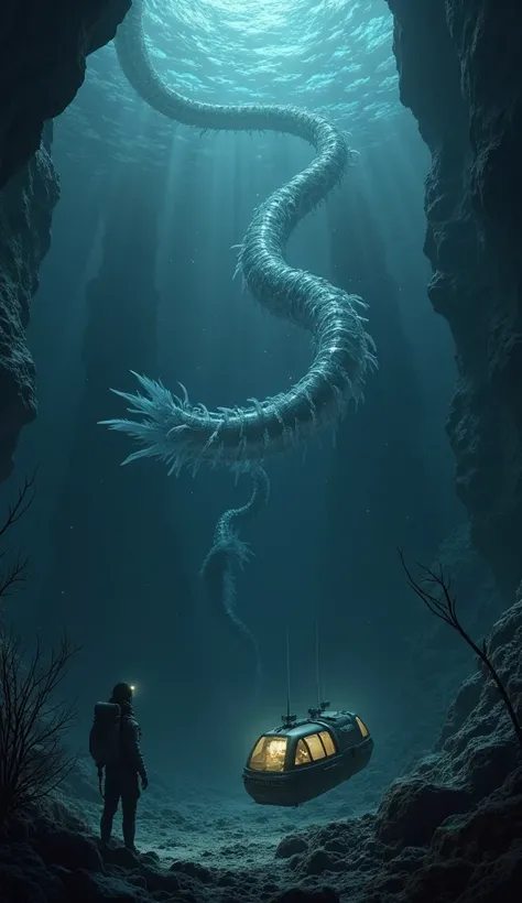 A deep-sea exploration scene showing a diver in a small submersible, looking up at a colossal Oarfish floating nearby. The Oarfish should be immense, with its long, sinuous body stretching across the vast underwater cavern. The darkness of the ocean around...