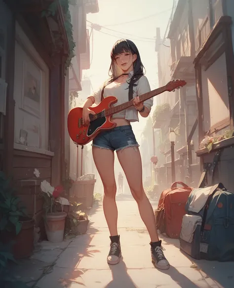 (A photo of an anime-type version).A woman standing with a red and white guitar in her hands,With the censored eyes,black hair and a little more of the neck.