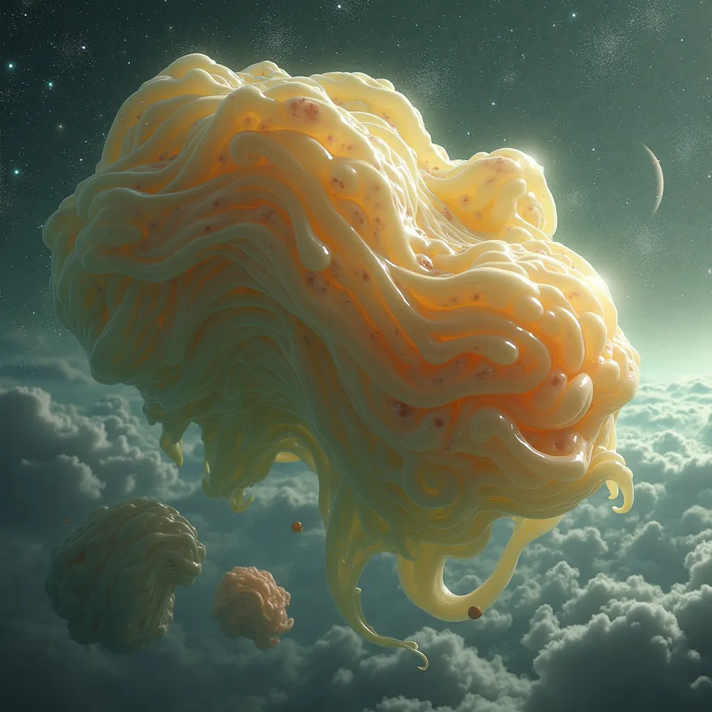 top quality,Space background,A single entity ,A giant slime with apricot and yellow-green colors