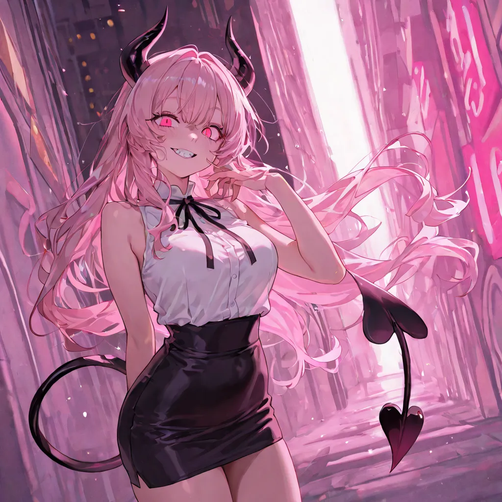 1 woman, mature female, mature body and face, sharp looks, sharp face, long light pink hair, one eye is black with hot pink pupil the other eye is hot pink with black pupil, a white sleeveless blouse with a deep neckline, a hot pink mini skirt, black demon...