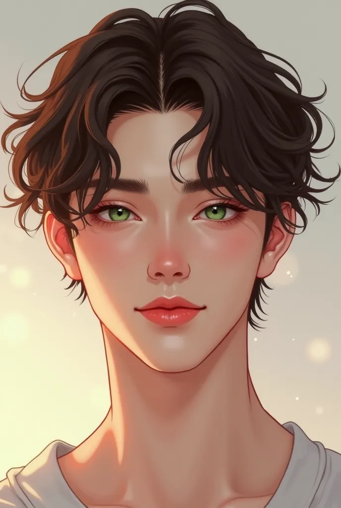 22 years old man with curly brown hair, white skin ,luscious face ,cherry lips and emerald green eyes. Make a beautiful boy like a manhwa character 