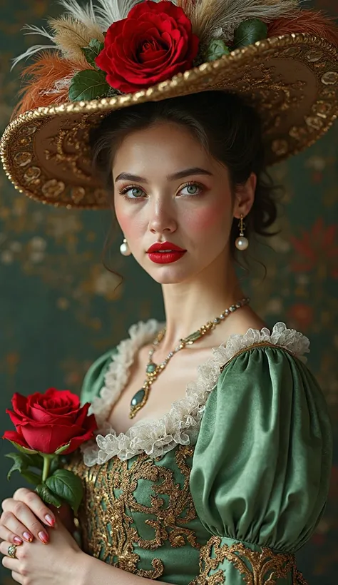 photorealistic, elegant woman, 19th-century fashion, holding a red rose, ornate green and gold dress, intricate lace, large hat with red rose and feathers, pearl earrings, red lipstick, blue eyes, fair skin, detailed background, soft lighting, vintage styl...