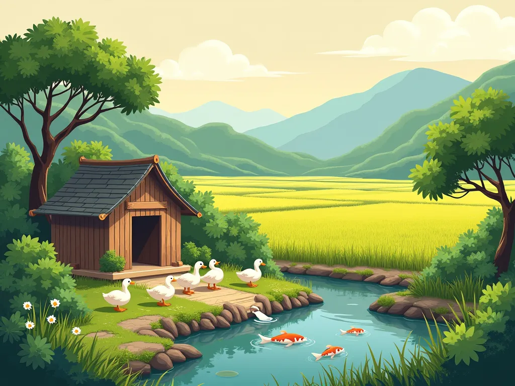 DRAW A PICTURE WITH A RICE FIELD, FISH RELEASE POND, DUCK COOP