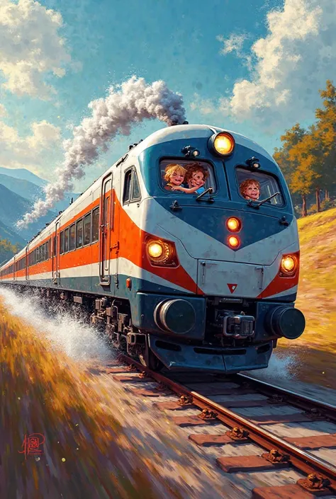 Create an image of a train, going at high speed, laughing hard