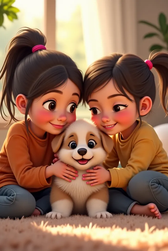 A puppy and a family with two girls.