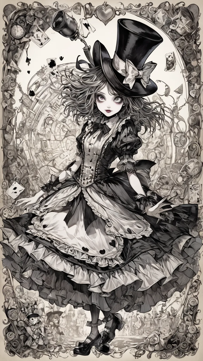  high quality texture 、Top Quality、Tim Burton style、Alice's Mad Hatter Hat、 Line Art、