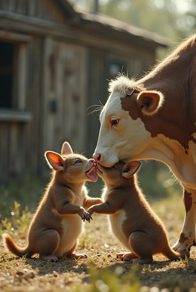 Please create a photorealistic image with analog development aesthetics where ren appear sucking milk directly from the cow's teats.