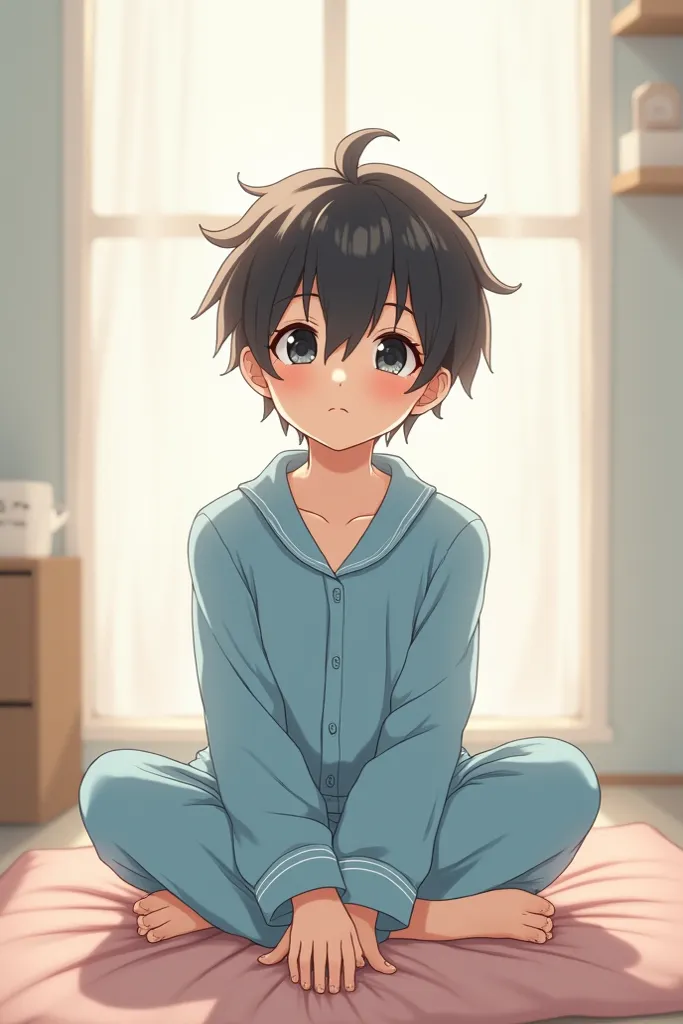 Make a picture of a little anime male wearing blue pajamas sitting with bare feet