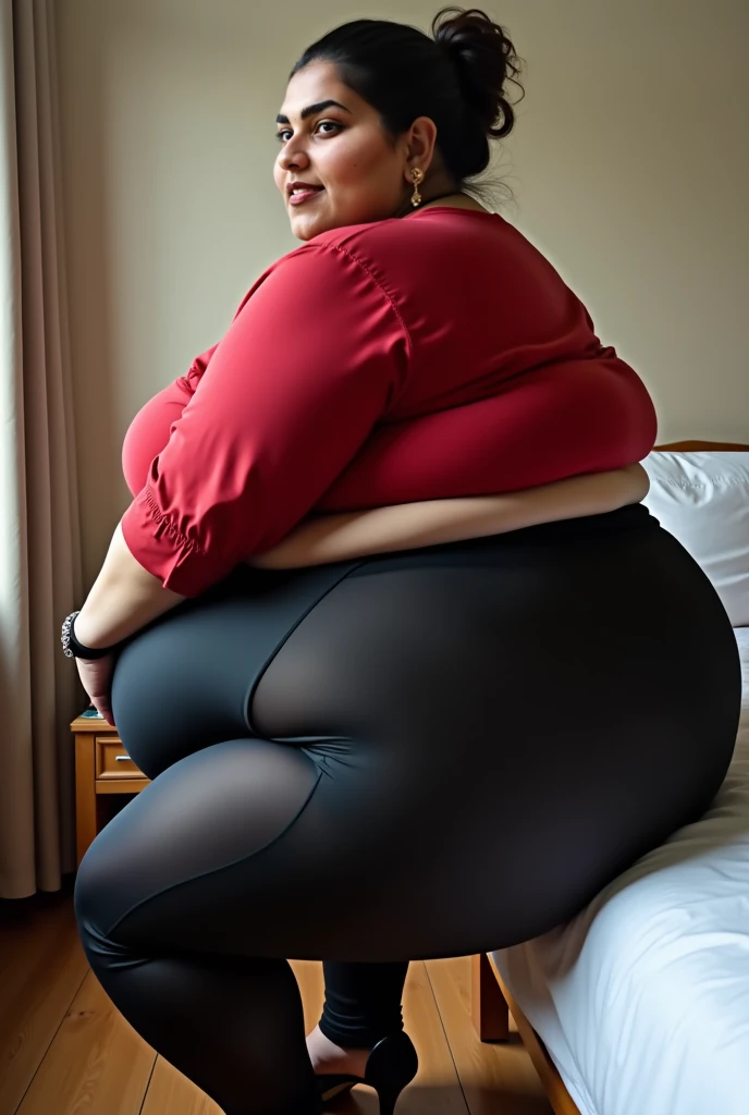 50 year old indian married mom ,extremely ultra morbidly obese woman looking at the viewer while trying to wear shiny, glossy and reflective finish polyester plus size transparent black silk hipster panty, (150 cm panty),and also wearing  red silk blouse ,...