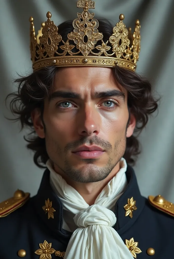 Attractive man with dark brown hair and piercing blue eyes crying. He wears a golden crown adorned with intricate details, suggesting royalty or high status. His clothing consists of a uniform reminiscent of historic clothing, with a white collar and gold ...