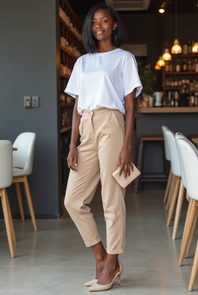 
A woman of dark complexion and appears to be in her 30s or 40s, is centrally positioned in the image. She is wearing a white oversized t-shirt with short sleeves and beige-tan dress pants.  Her hair is styled in a short bob.  She is wearing high-heeled, p...