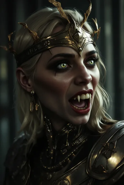 queen Vampire warrior with large pointed teeth wearing Spartan armor, com a boca aberta mostrando large, pointed teeth , large, pointed teeth , soldier, night, dancing, 8k quality, a very detailed face, cinematic