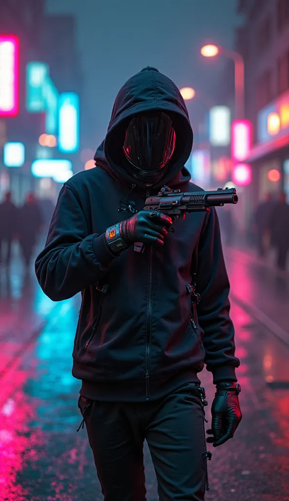 plan entier, un tireur cybernétique en tenue tactique noire, techwear asymétrique usé avec casque cybernétique inspiré de Daft Punk. maniant des pistolets laser doubles avec systèmes de ciblage avancés. La scène de rue granuleuse présente des néons de grat...