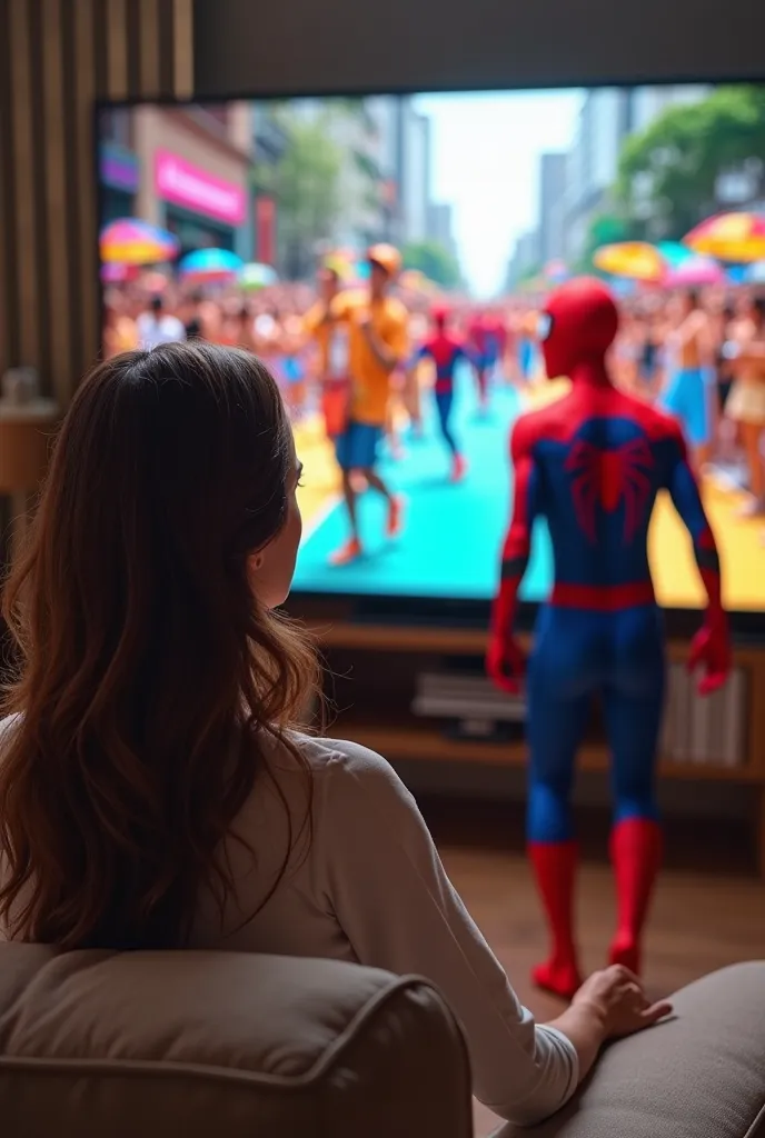 Ultra-realistic image (8k) Brunette woman sitting on the couch watching the samba school parade on television and a B boy dressed as Spiderman arriving in the living room.