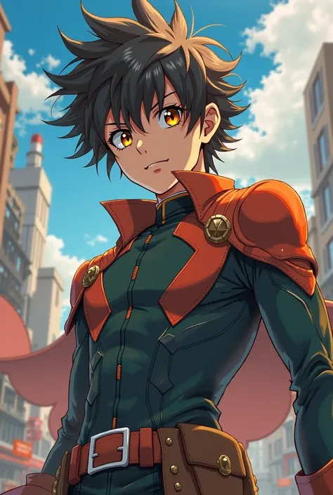 Boku no hero 
A tall ,Brown with waist-length hair, orange eyes, serious appearance with the UA uniform