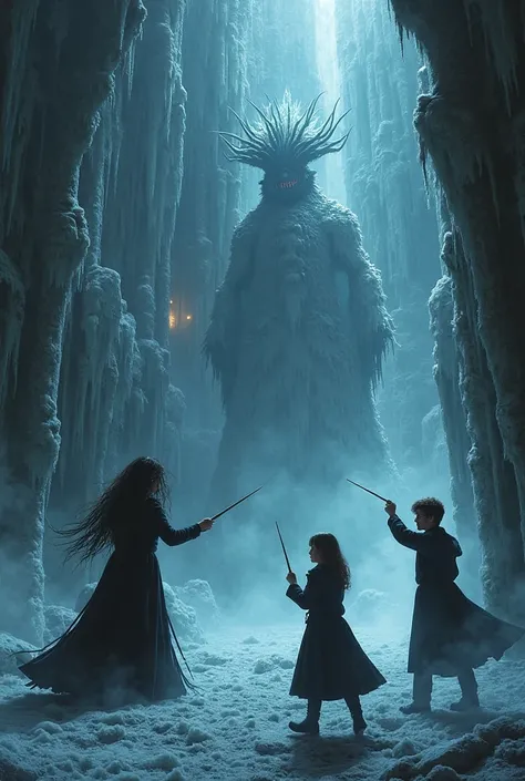 deep in a frozen dark tower, bellatrix lestrange battles with hermoine grainer and ron weasly