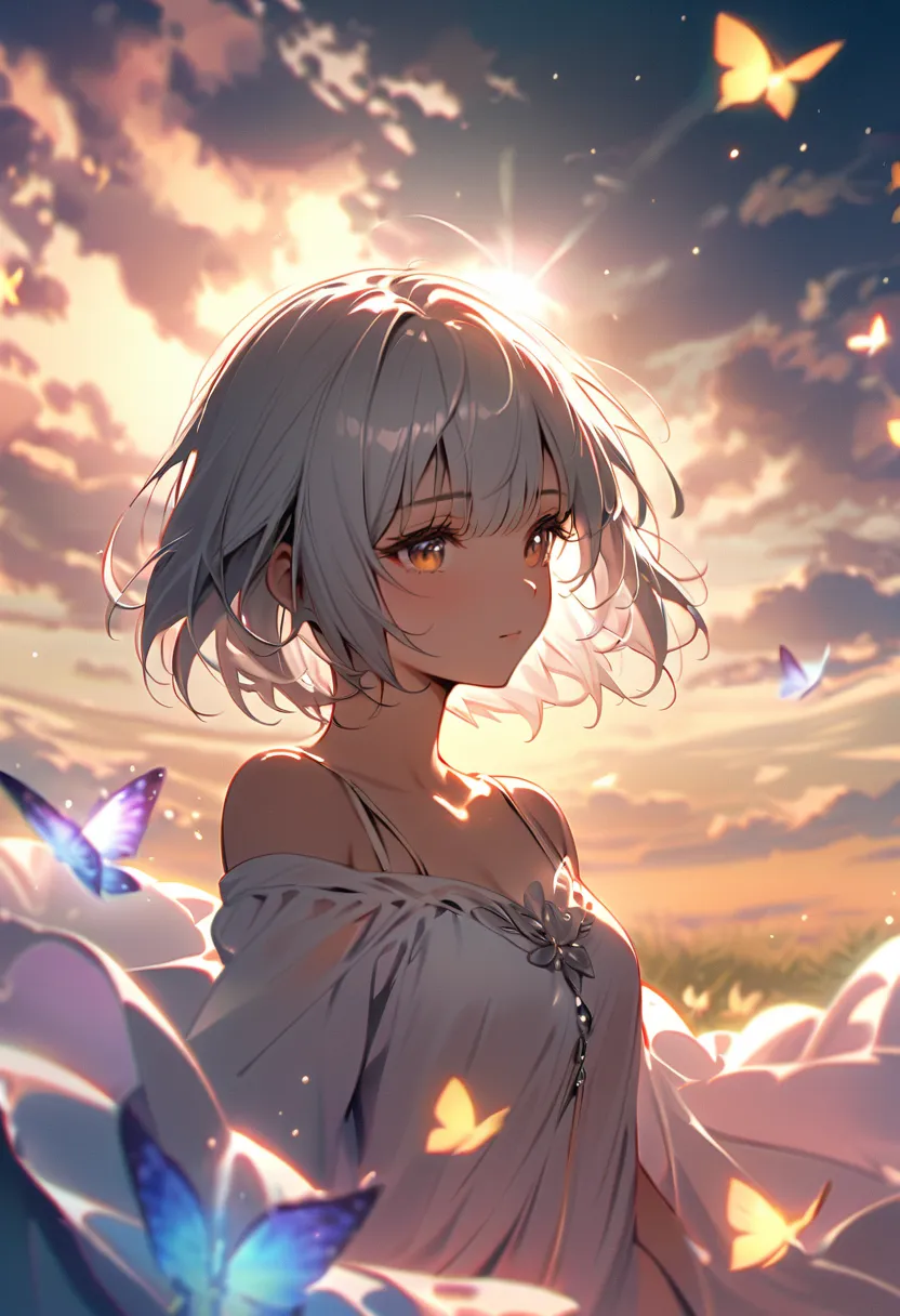 woman， flowing silver shorthairs, Eyes of the Universe,  beautiful sky from the light source,  beautiful clouds, In summer，Increase Resolution。womanのまわりには美しく光輝く七色の蝶が舞っている。