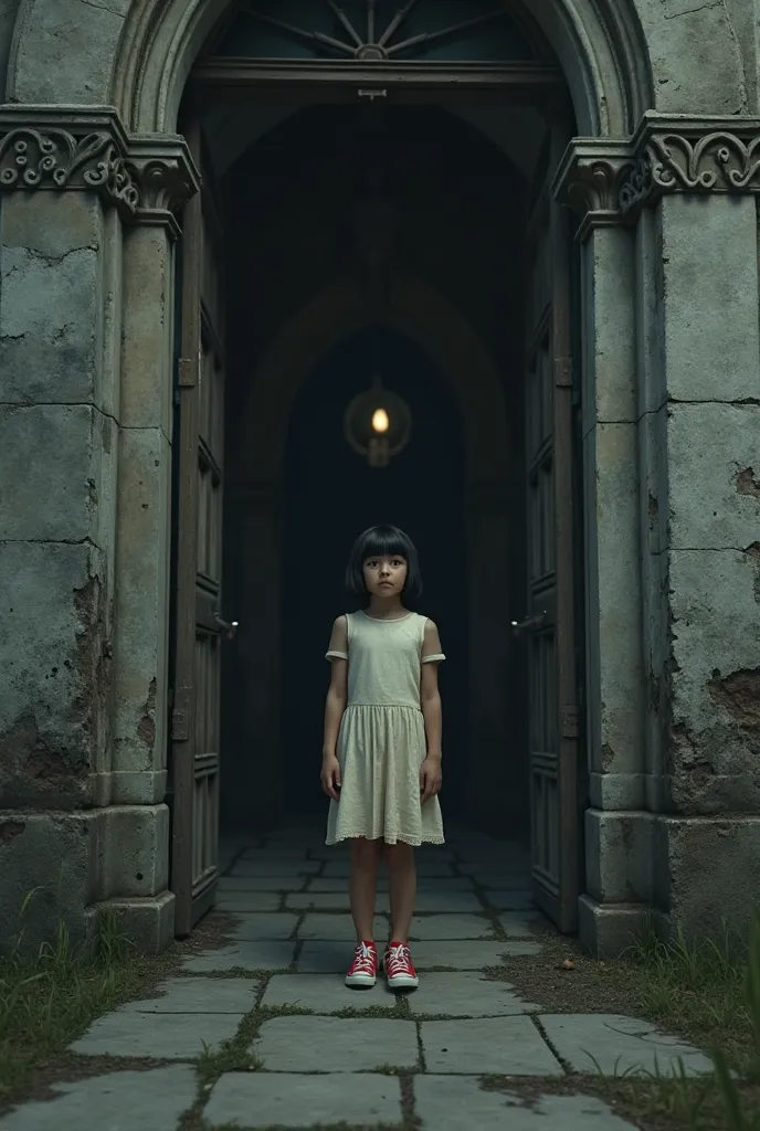 A beautiful little Latina girl, short hair, off-white dress, red sneakers. She stands in the doorway of a dark, gray church.  (super realistic image), (horror movie atmosphere)